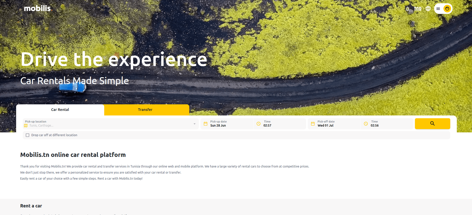 Mobilis.tn - vehicle rental platform home page